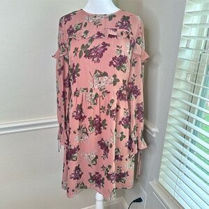 Ann Taylor LOFT Pink Floral Tie Cuff‎ Ruffle Trim Dress Size 4 Spring Summer